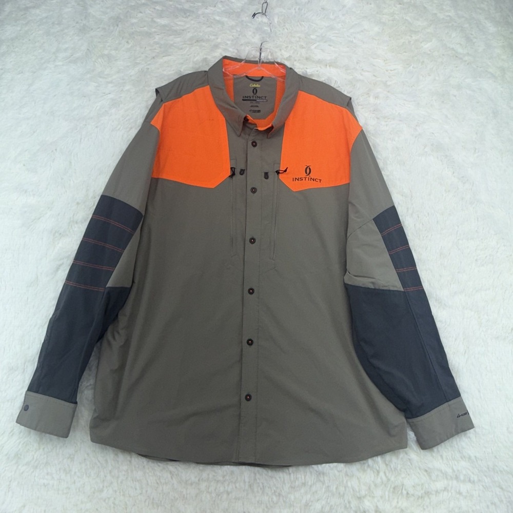 Cabelas Instinct Hunting Shirt Mens 2XL Khaki Orange Long Sleeve Vented Upland
